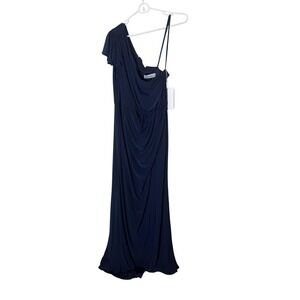 Mac Duggal Dress Womens 12 Blue Jersey One Shoulder Ruched Maxi Gown Formal